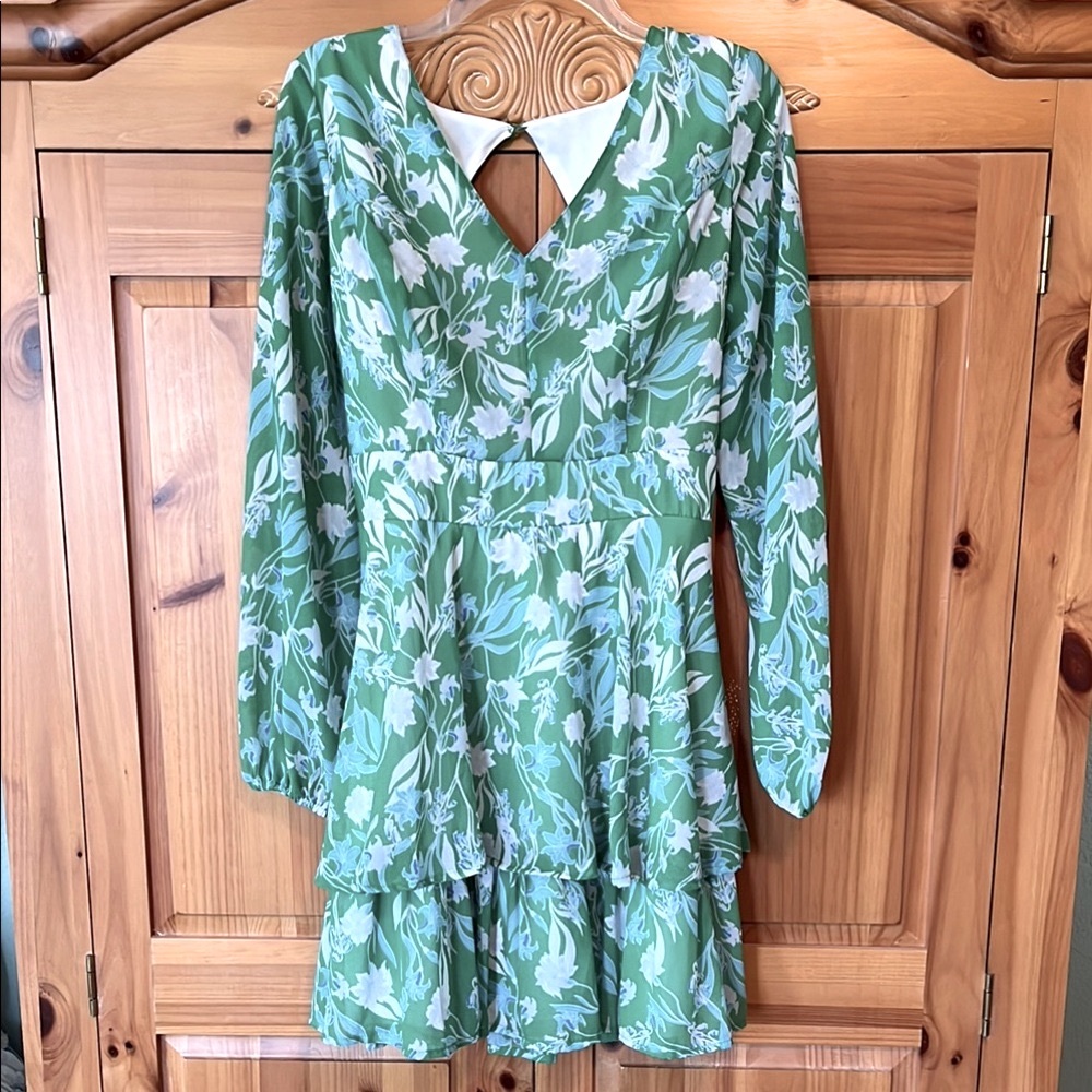 Jessica Simpson Green Floral Long-Sleeve Mini Dress